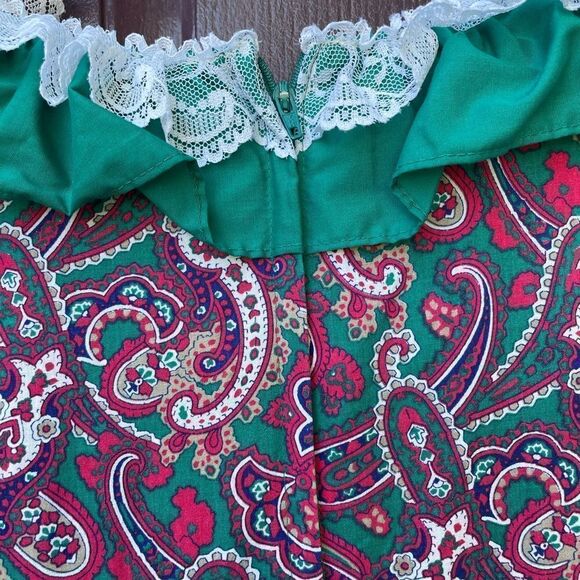 Vintage 80’s Square Dancing Paisley Print Dress Green and Dark Pink With Lace - Picture 11 of 16